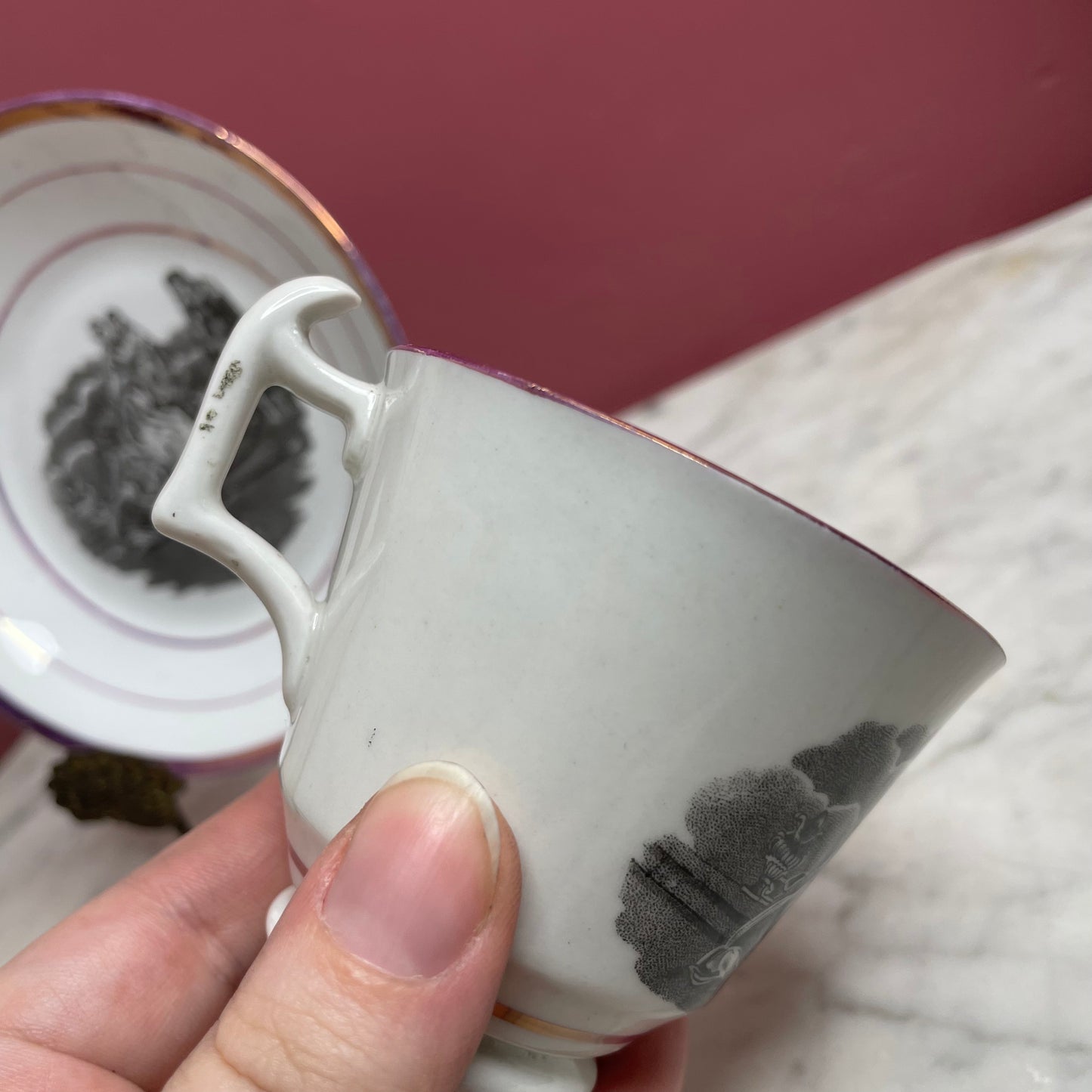 Early 19th c. Cup & Saucer with Unusual Classical Scene | Staffordshire with Pink Lustre