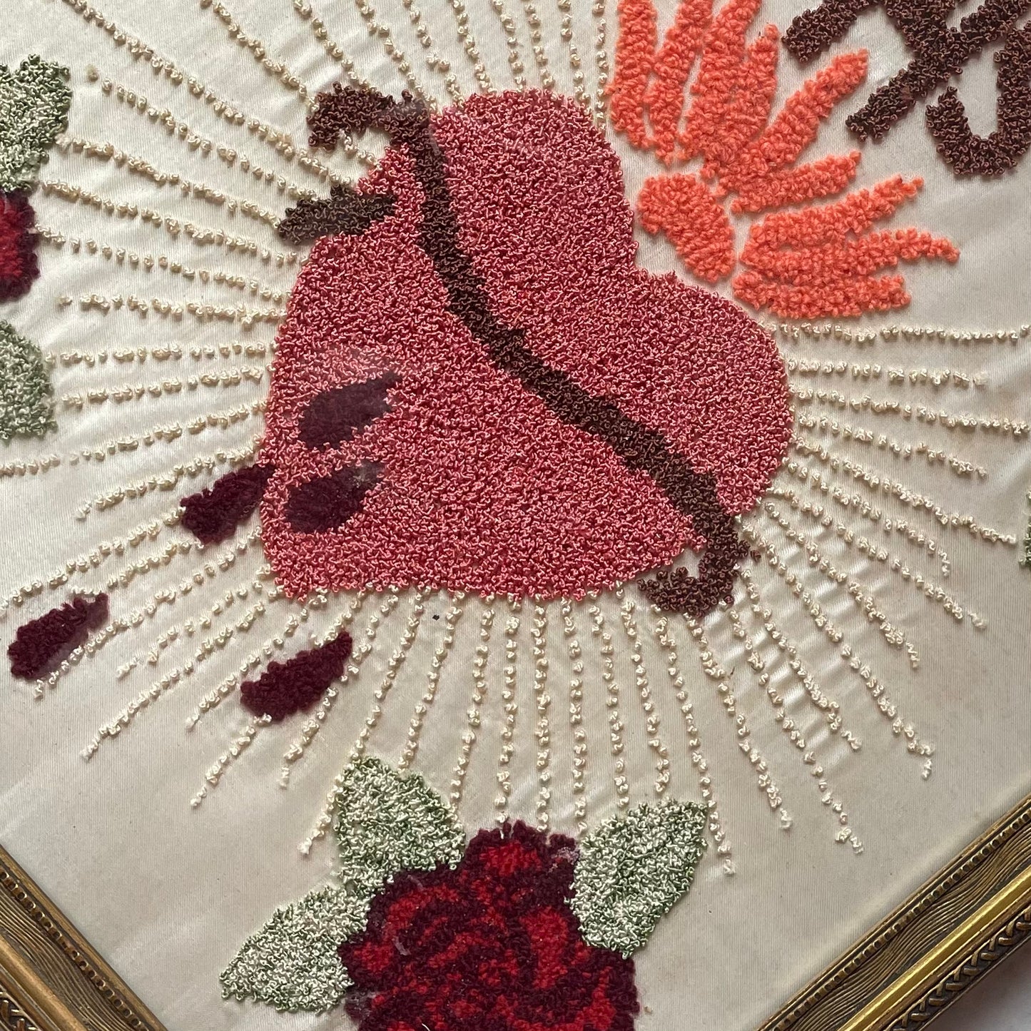 Antique Sacred Heart Crewel Embroidery