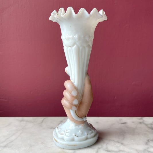 Victorian Lady's Hand Milk Glass Bud Vase