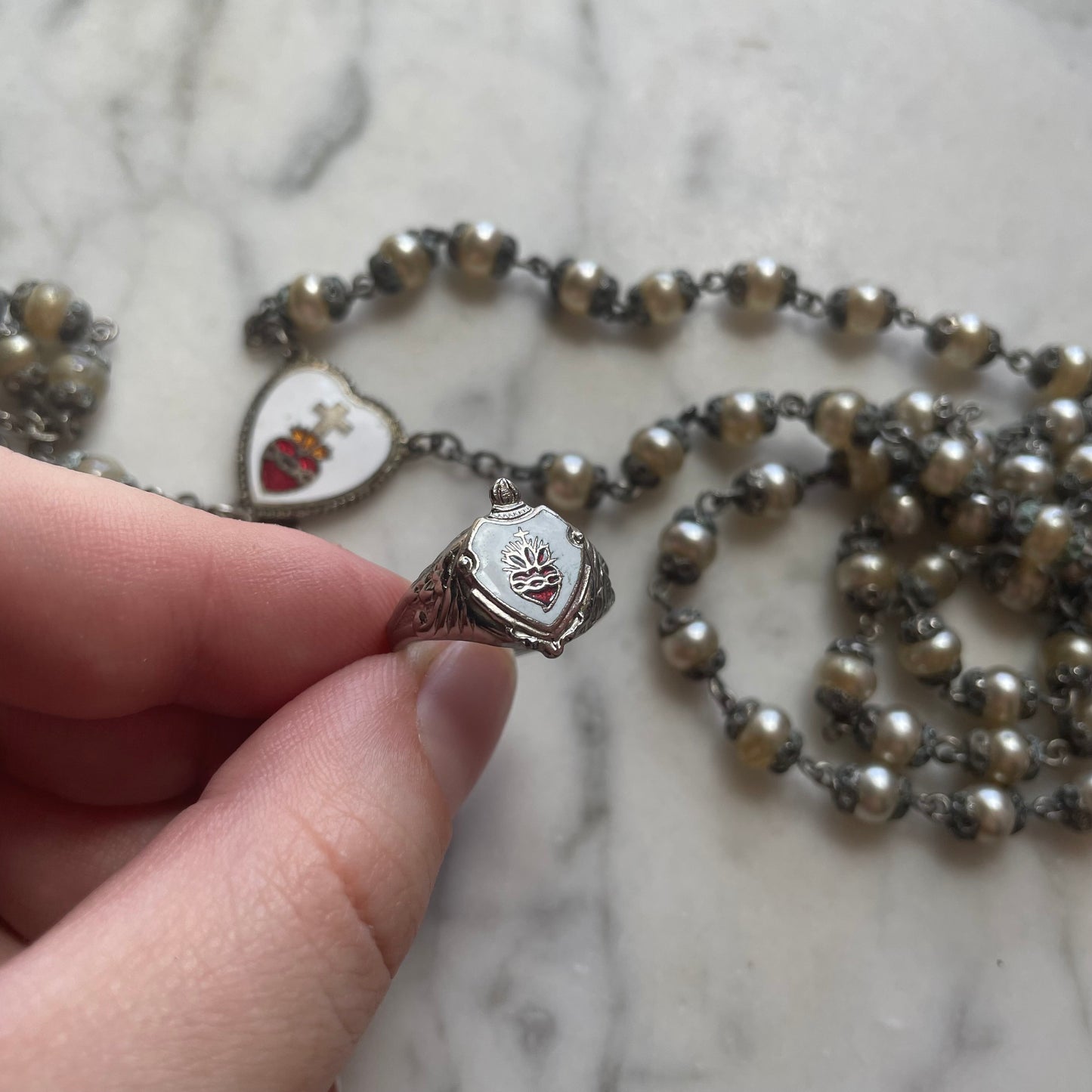 Antique Sacred Heart Rosary & Ring Set