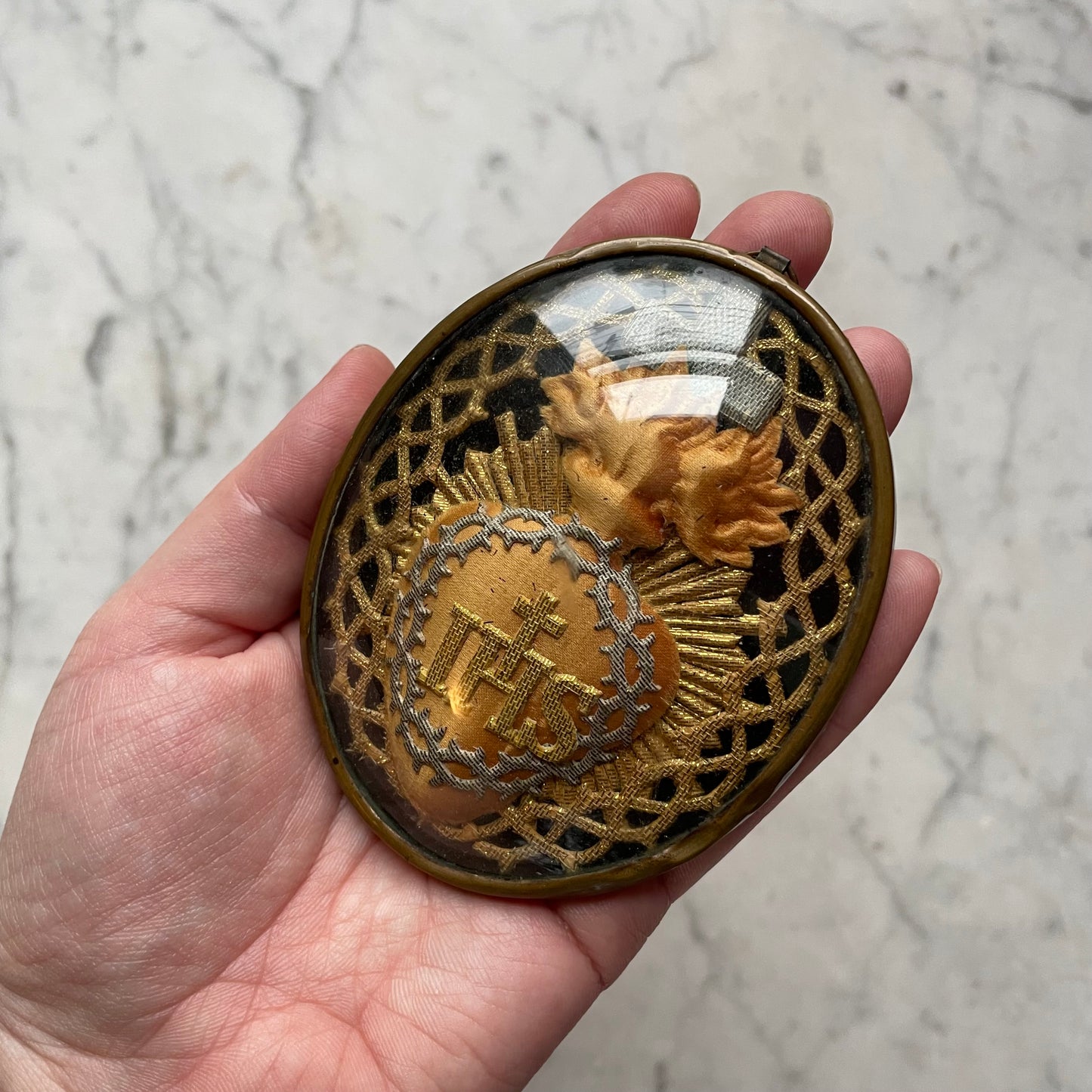 Antique Sacred Heart Embroidery under Glass | Cloister Work