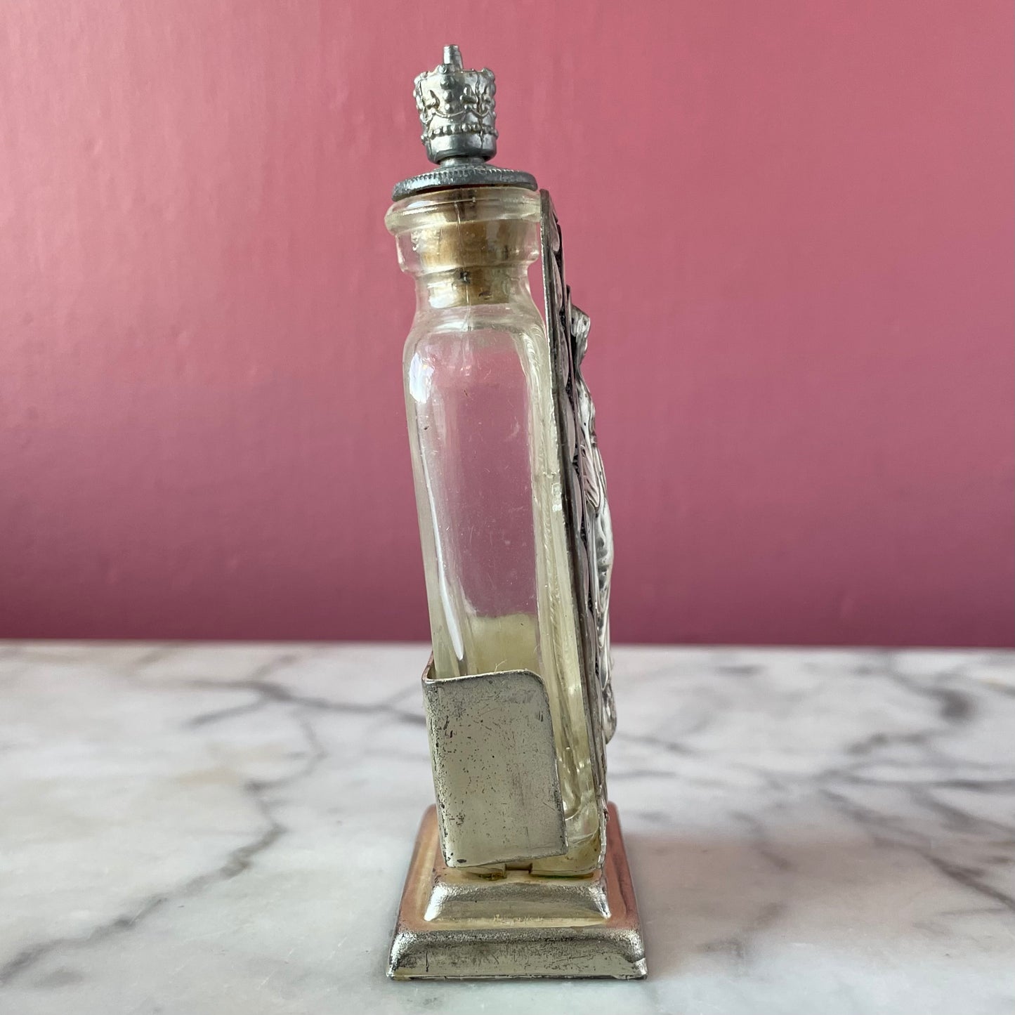 Antique Glass Holy Water Bottle with Metal Stand