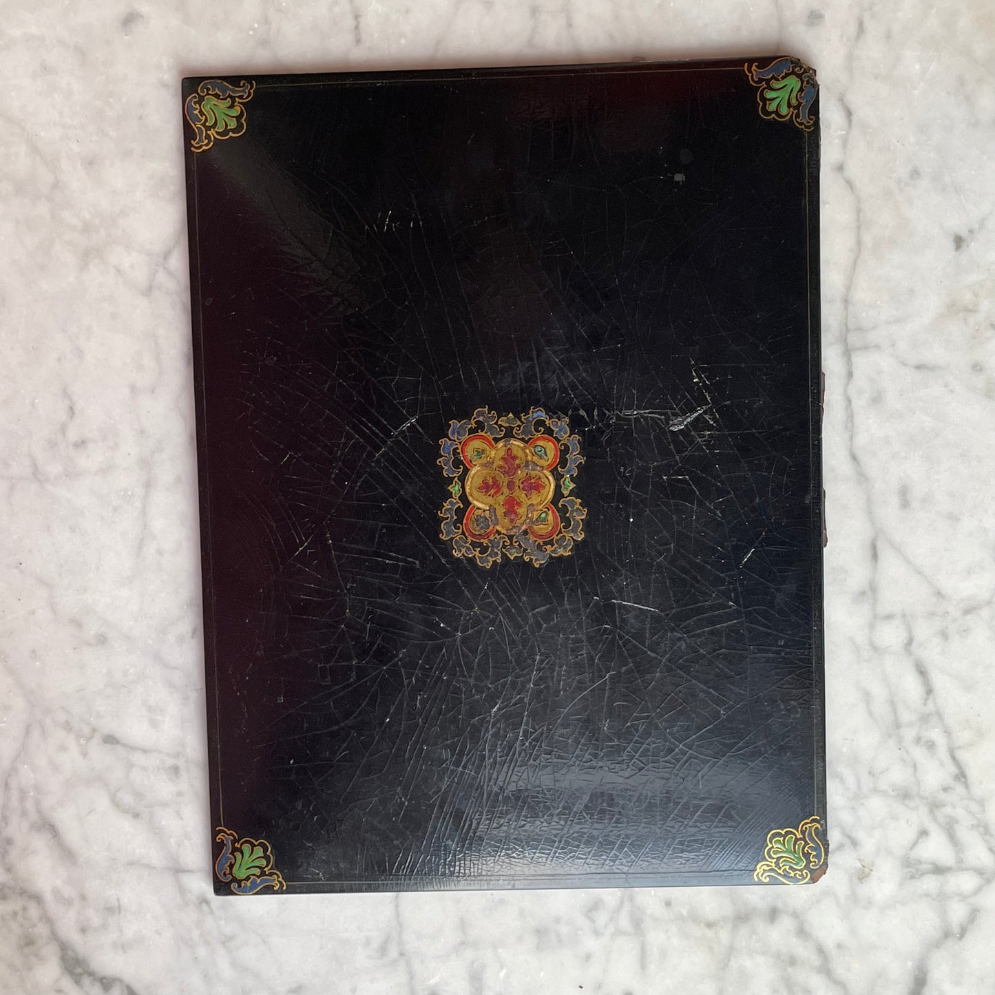 Antique Black Lacquer Folder with Butterfly Specimens on Silk