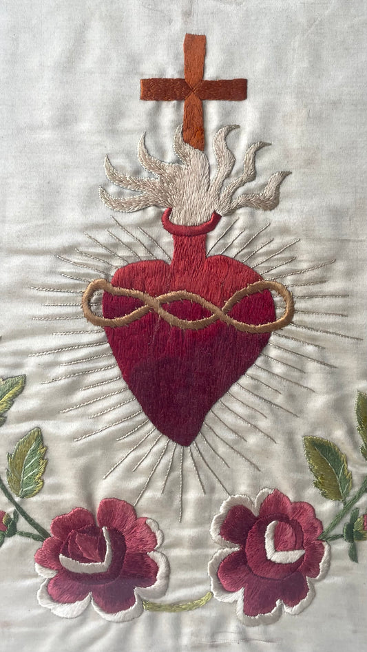Antique Sacred Heart Embroidery on Silk