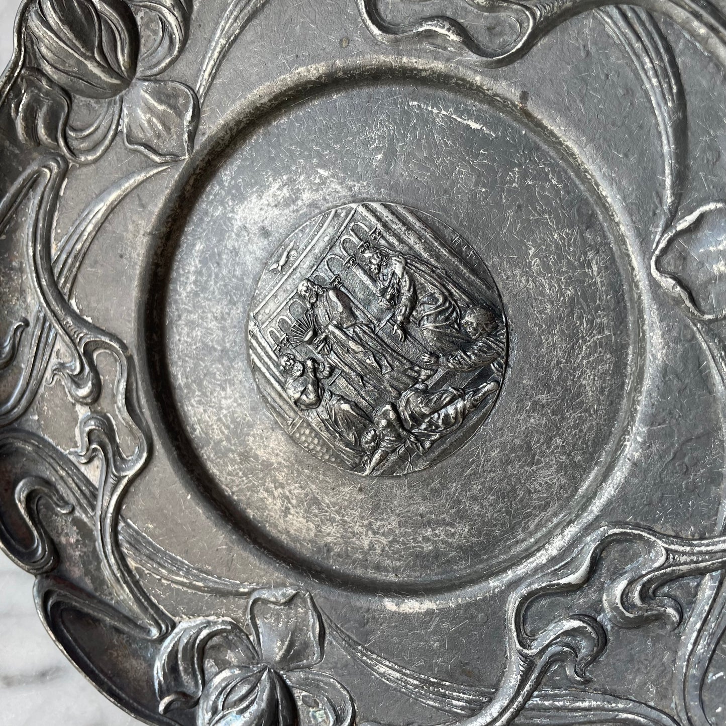 Antique Religious Plate with Art Nouveau Border
