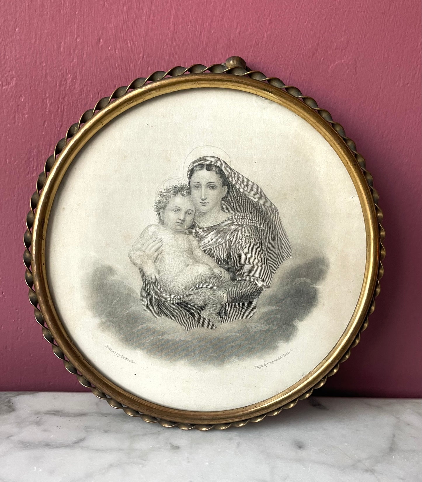 Victorian Sistine Madonna Engraving after Raphael in Brass Frame