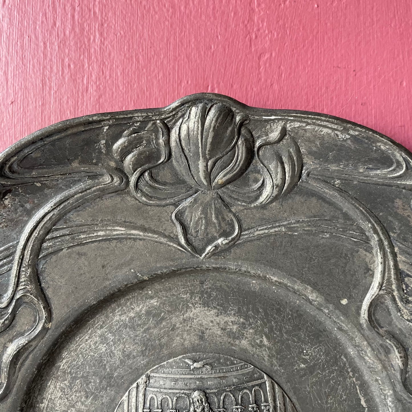 Antique Religious Plate with Art Nouveau Border