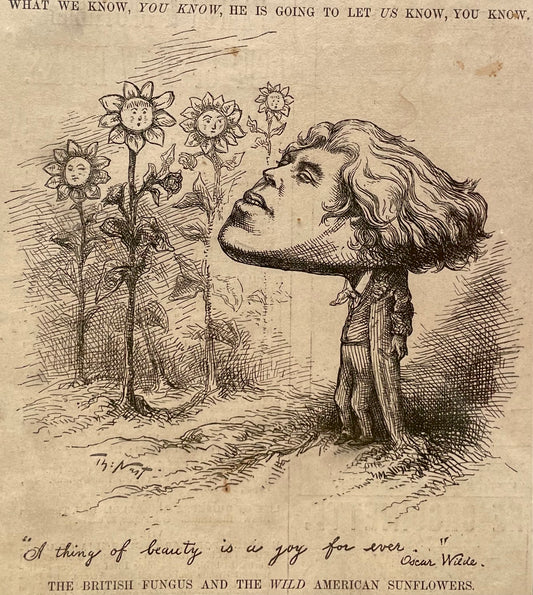 Oscar Wilde Cartoon | Harpers 1882 | A British Fungus Among American Sunflowers