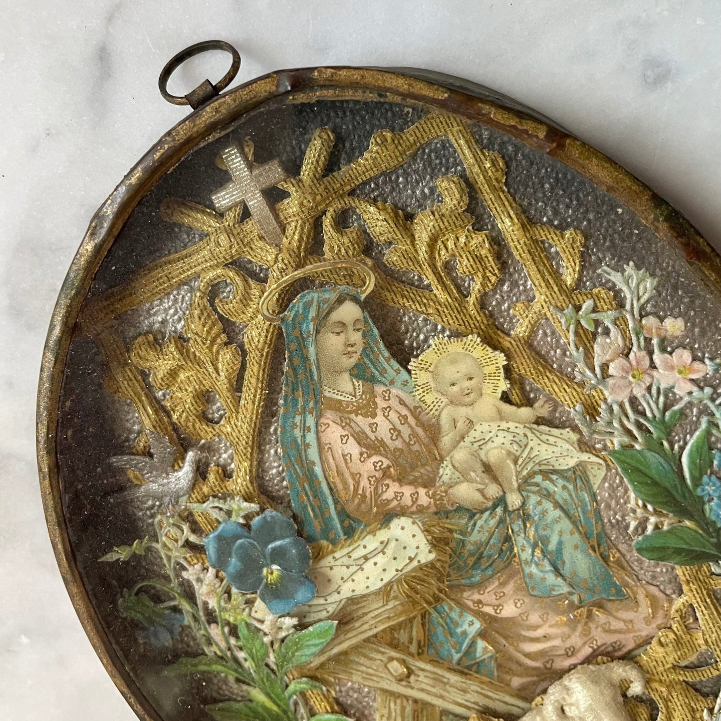 Victorian Madonna & Child Ex Voto | Cloth & Paper Collage under Glass