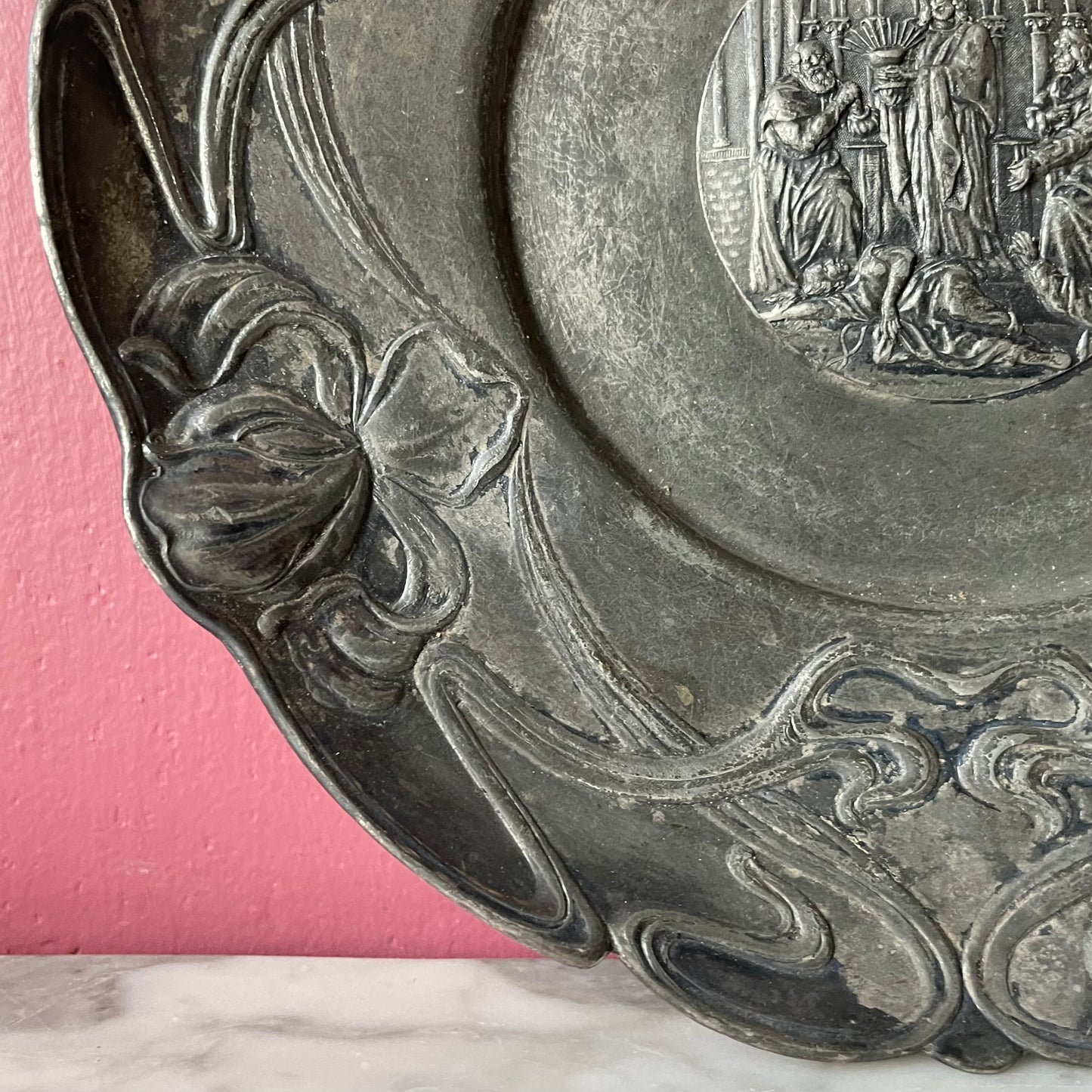 Antique Religious Plate with Art Nouveau Border