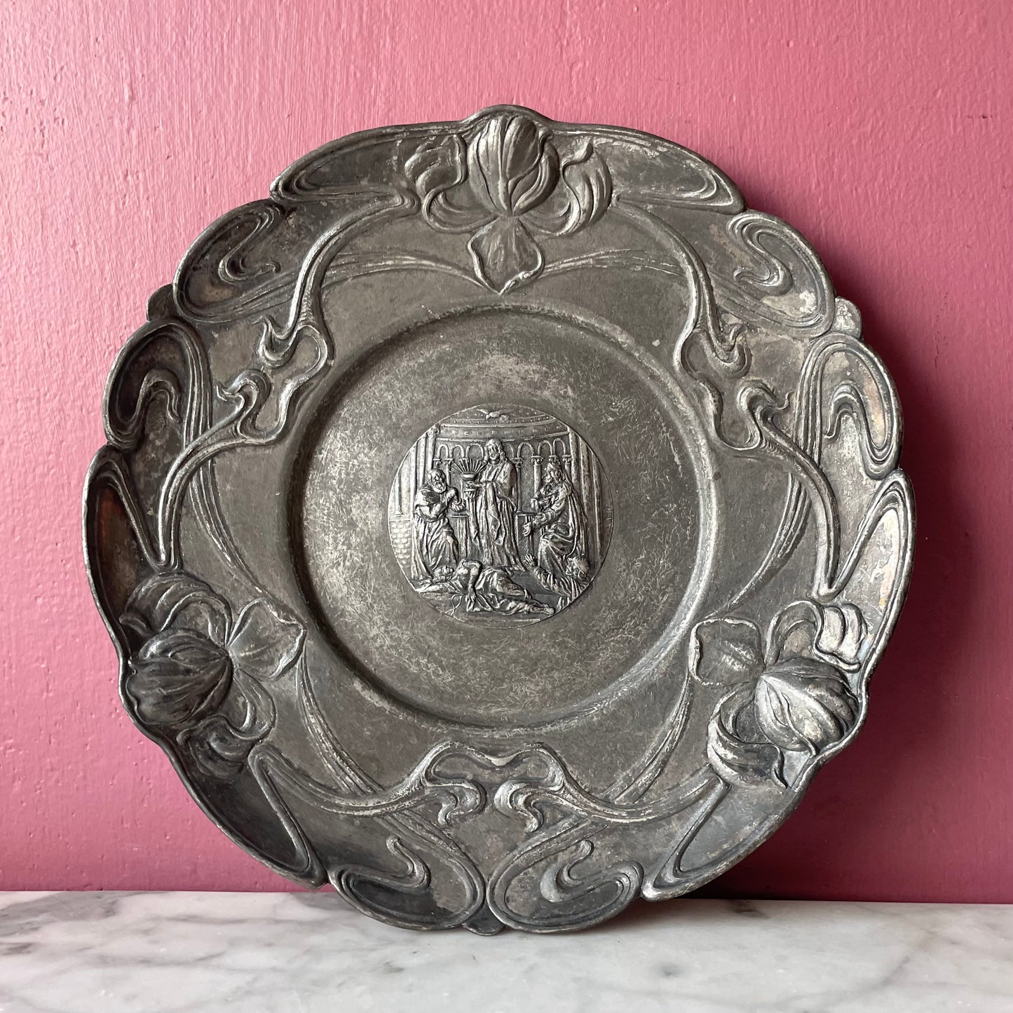 Antique Religious Plate with Art Nouveau Border