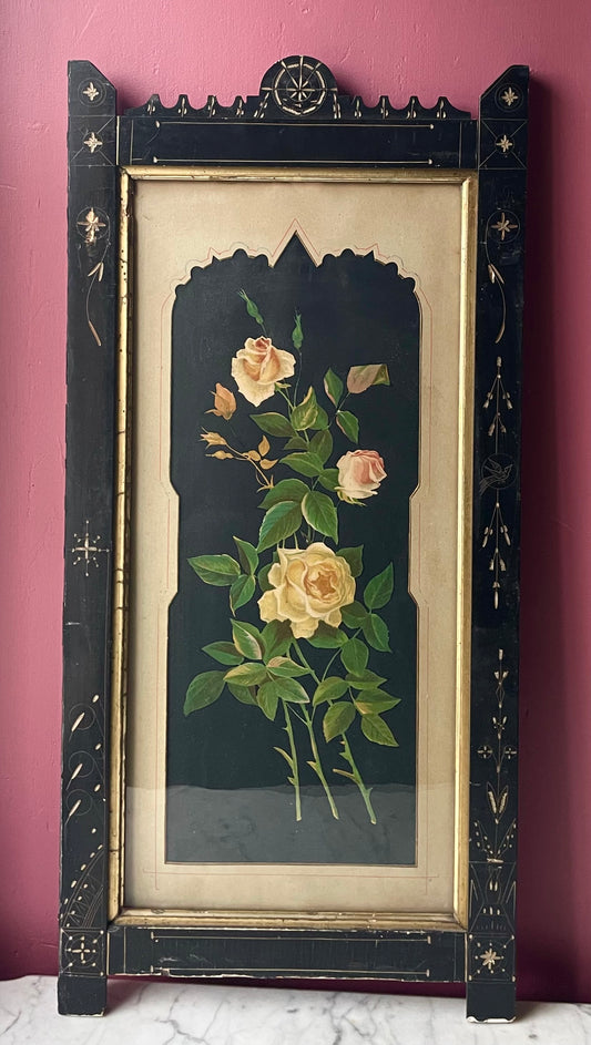 Victorian Floral Lithograph in Black Aesthetic Movement Frame