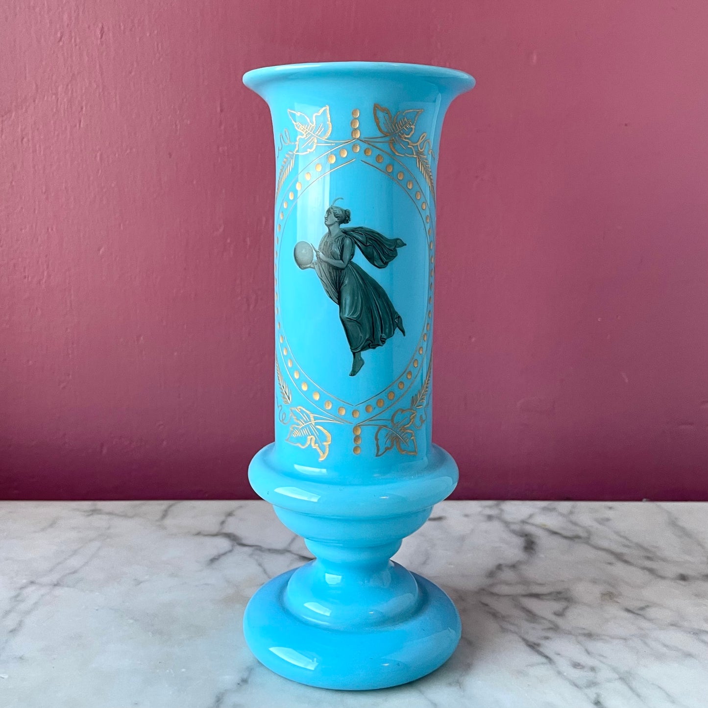 Victorian Blue Opaline Glass with Etched Goddess Figure