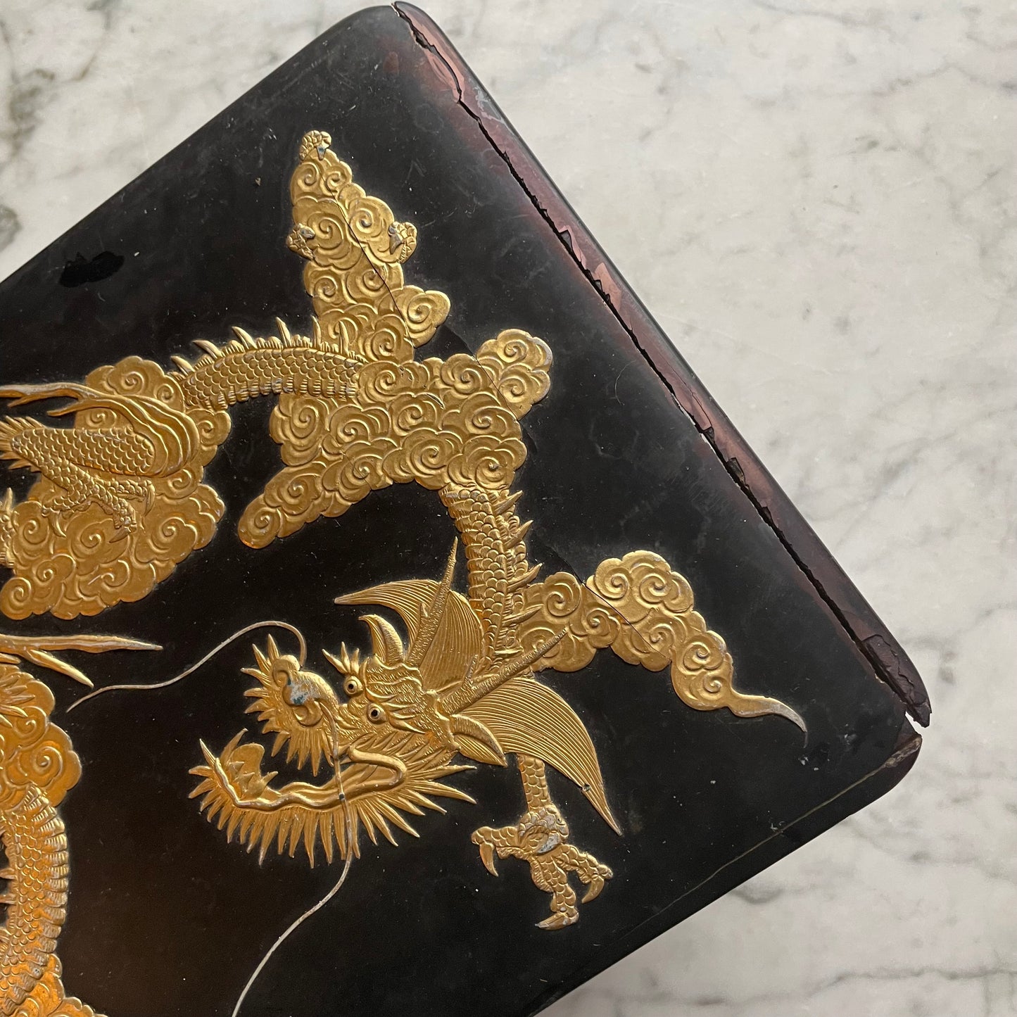 Antique Chinese Black Lacquer Box with Gold Dragon