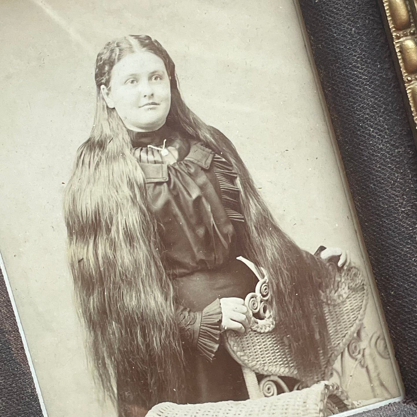 Victorian Girl with Super Long Hair | Framed Cabinet Card Photo