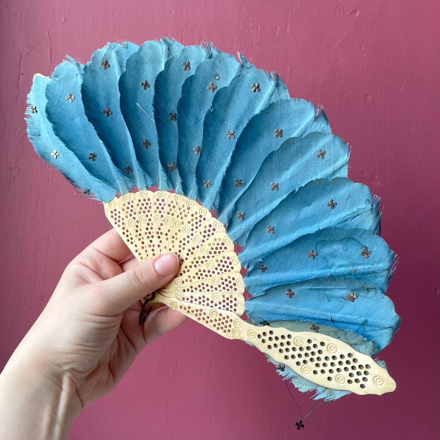 Victorian Pierced Bone & Silk Fan | Child Size