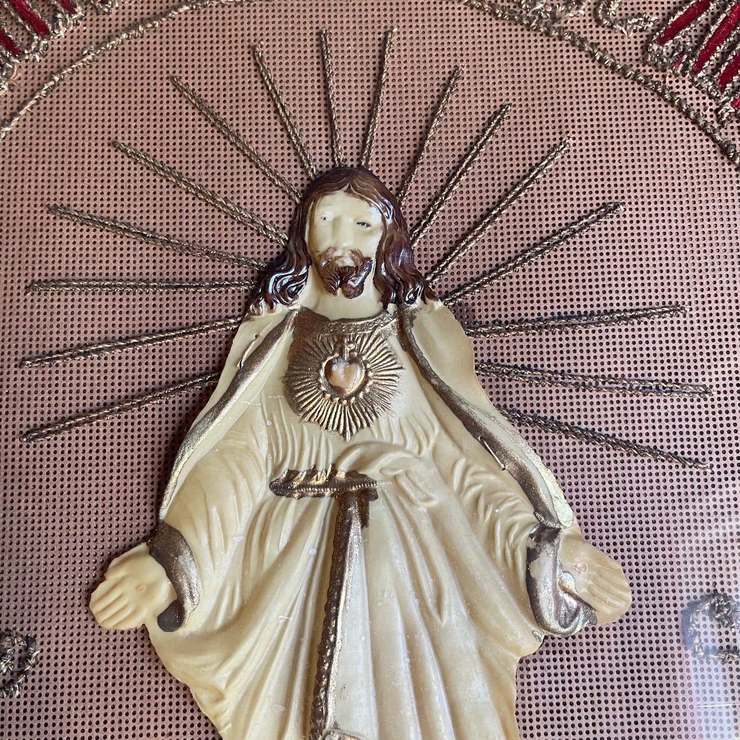 Antique Religious Punch Paper Embroidery with Celluloid Christ