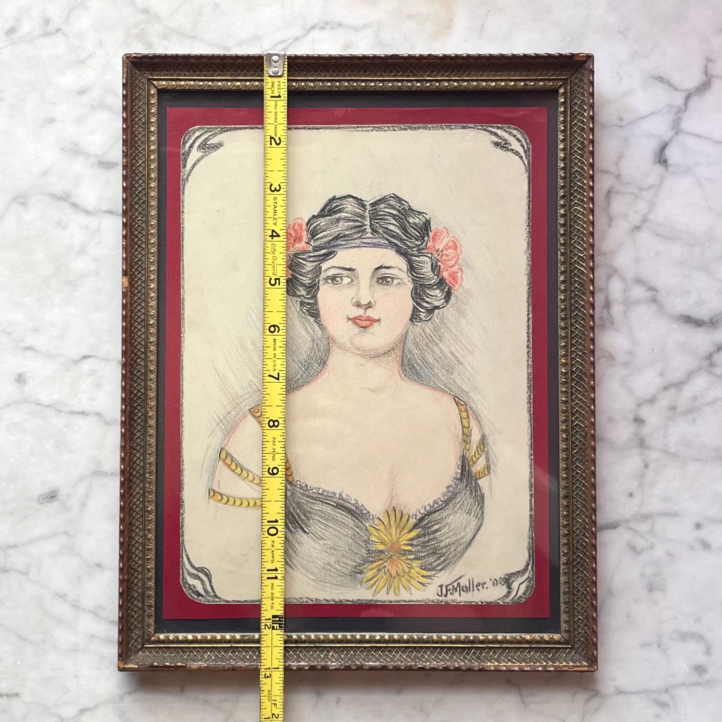 Belle Époque Beauty | Antique Crayon Sketch | 1908