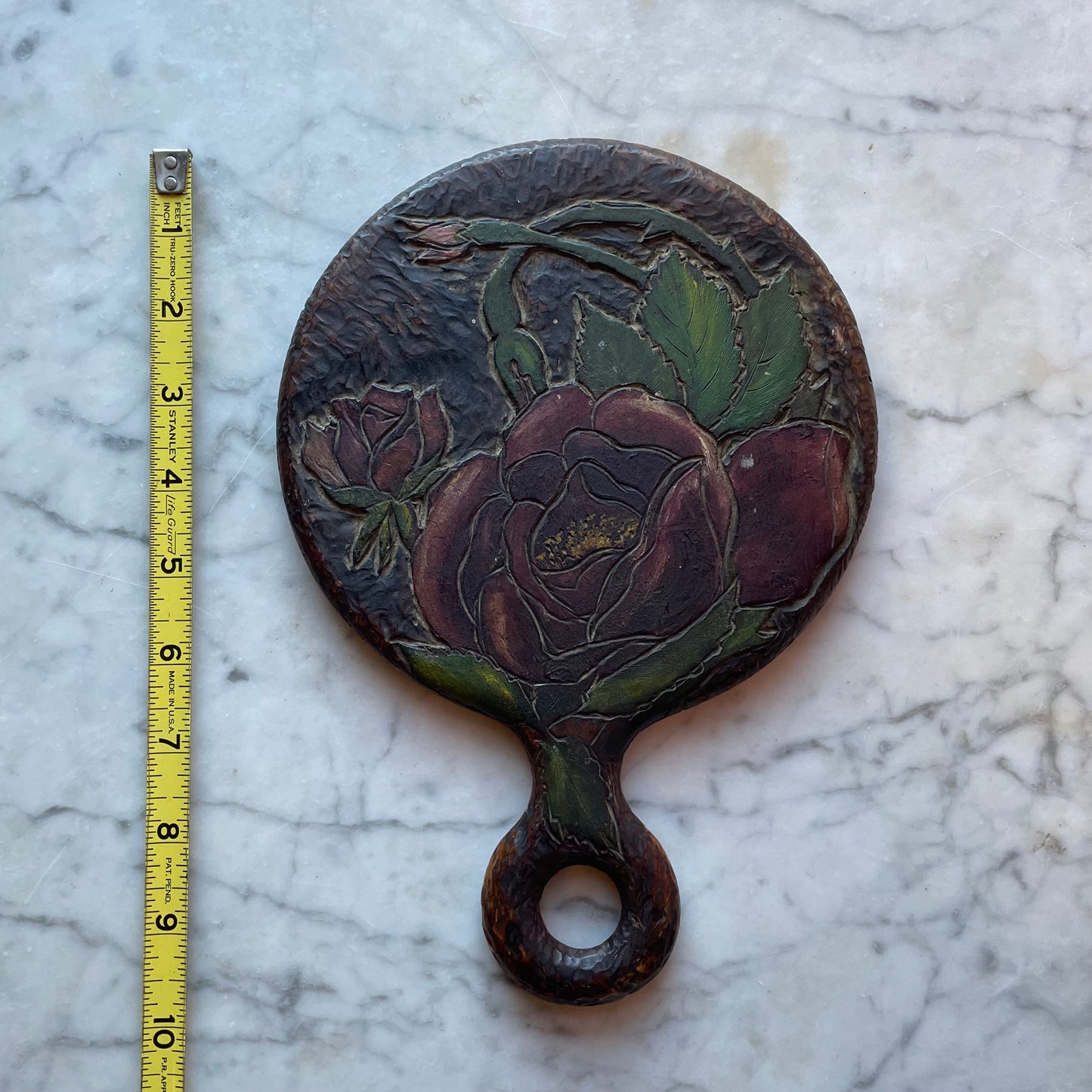 Antique Pyrography Mirror with Roses