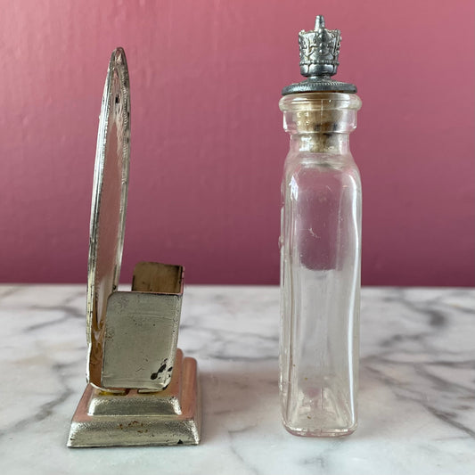 Antique Glass Holy Water Bottle with Metal Stand