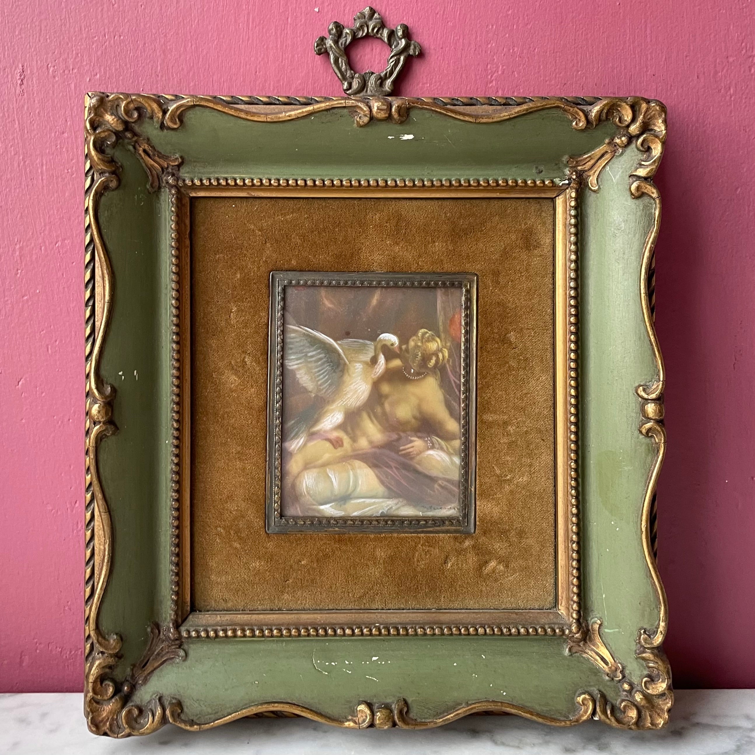 Leda & the Swan after Paolo Veronese Antique Framed Painting Roses