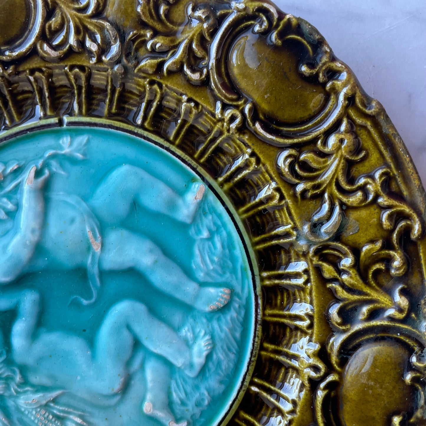 Victorian Majolica Plate with Putti & Foliage