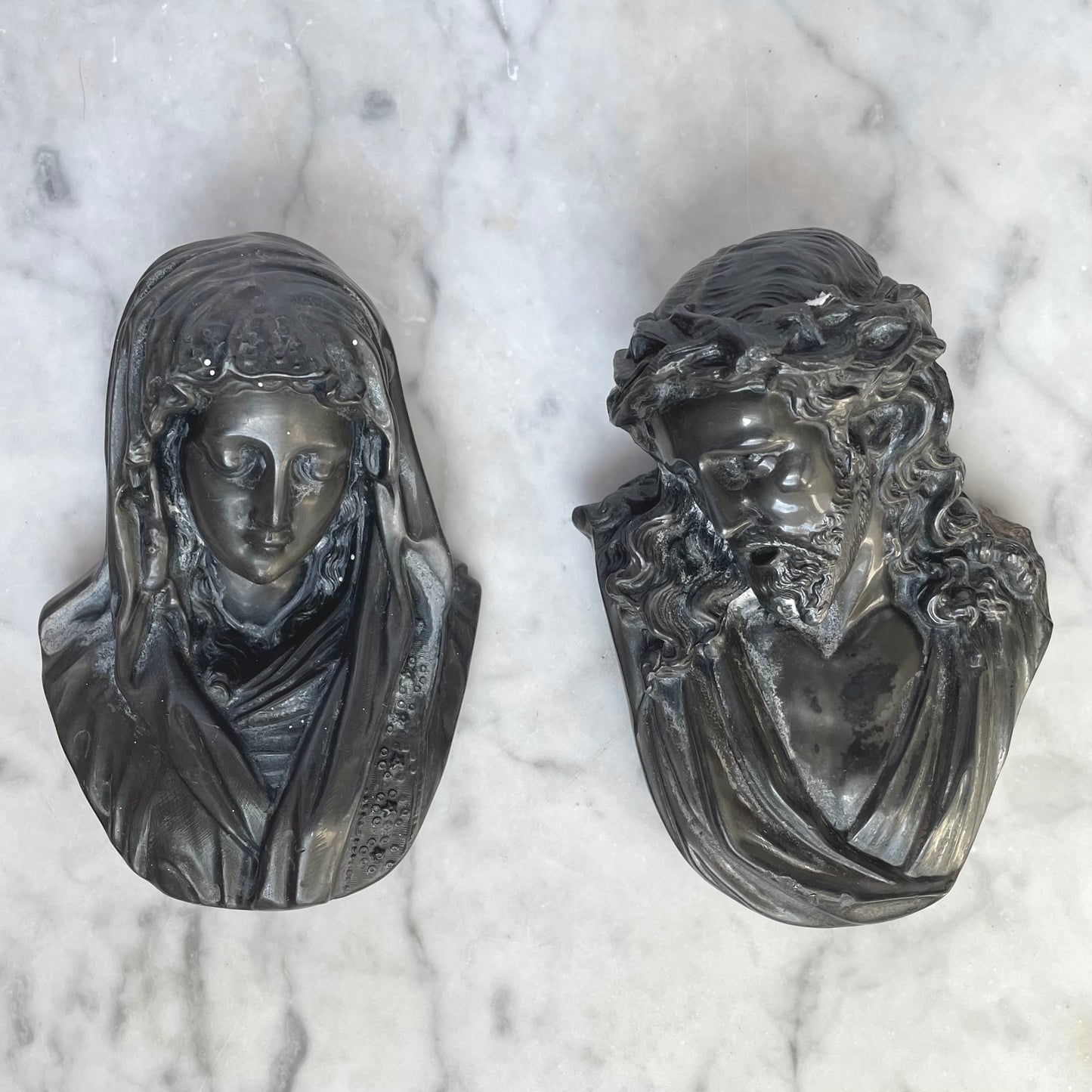Victorian Christ & Mary Metal Busts