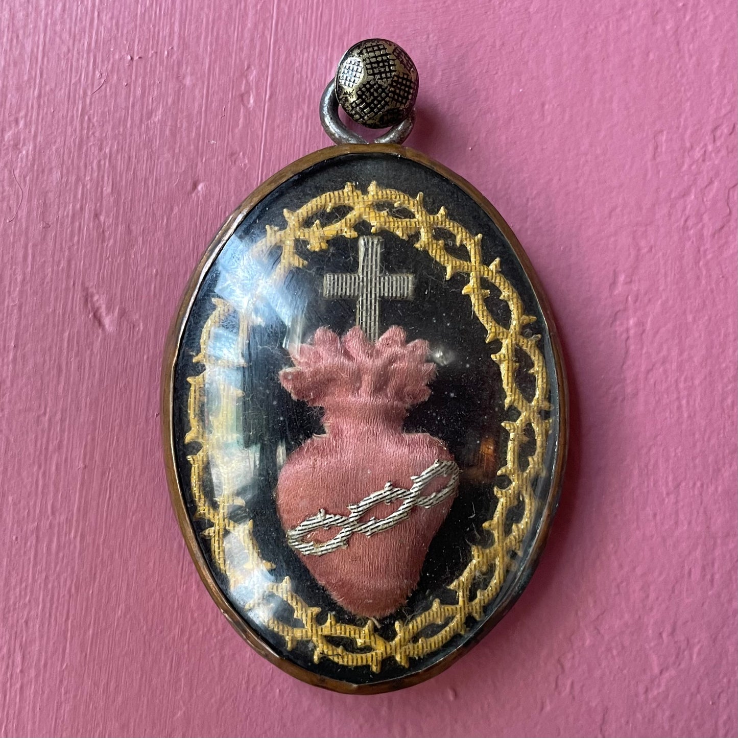 Antique Sacred Heart Ex Voto under Glass