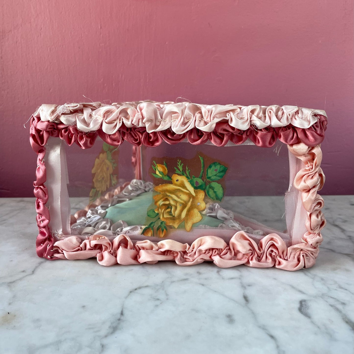 Antique Glass & Ribbonwork Handkerchief Box
