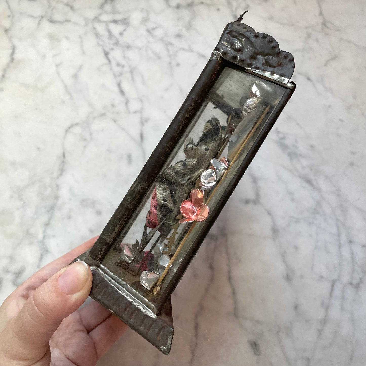Antique Our Lady of Guadalupe Figure in Tin & Glass Nicho