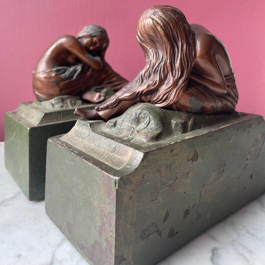 Grieving Girl Antique Art Nouveau Bookends