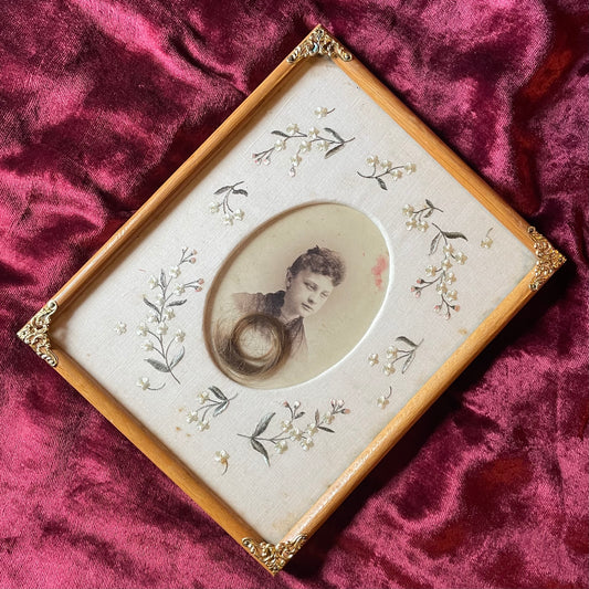 Victorian Cabinet Card in Embroidered Mat & Frame with Lock of Hair