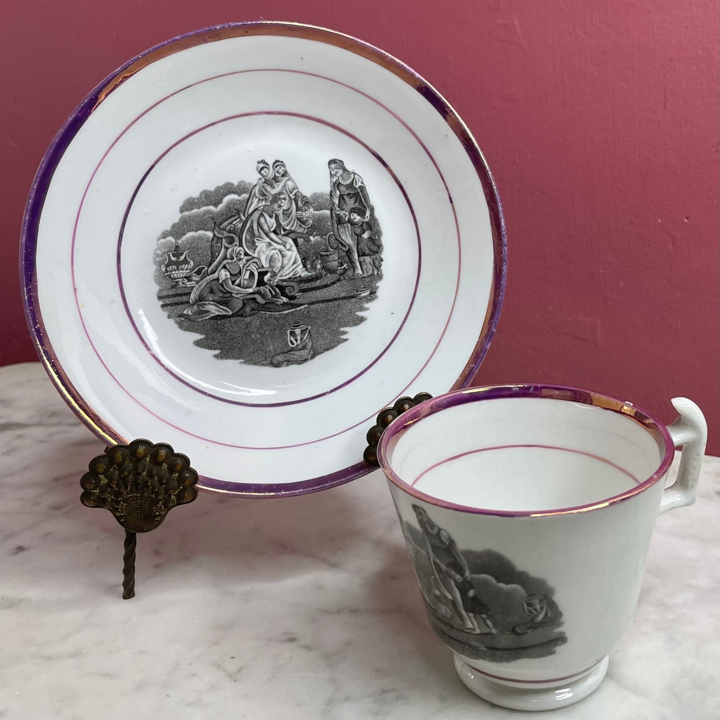 Early 19th c. Cup & Saucer with Unusual Classical Scene | Staffordshire with Pink Lustre