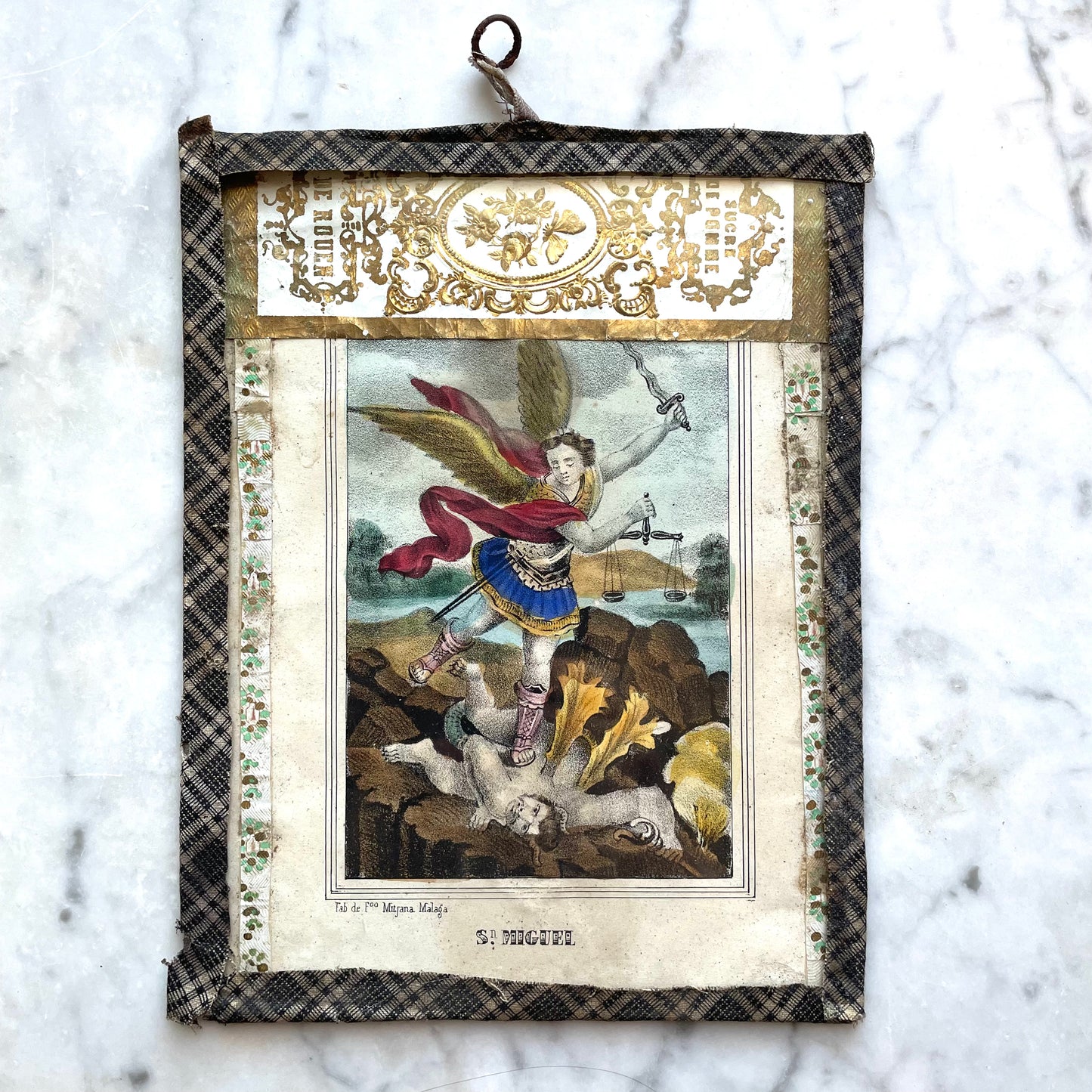 Antique Hand Colored St. Michael Print in Original Frame