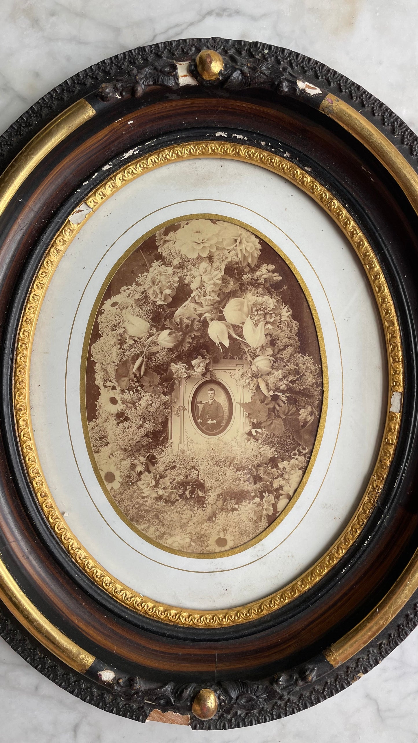 Victorian Funeral Flowers Photo in Oval Frame