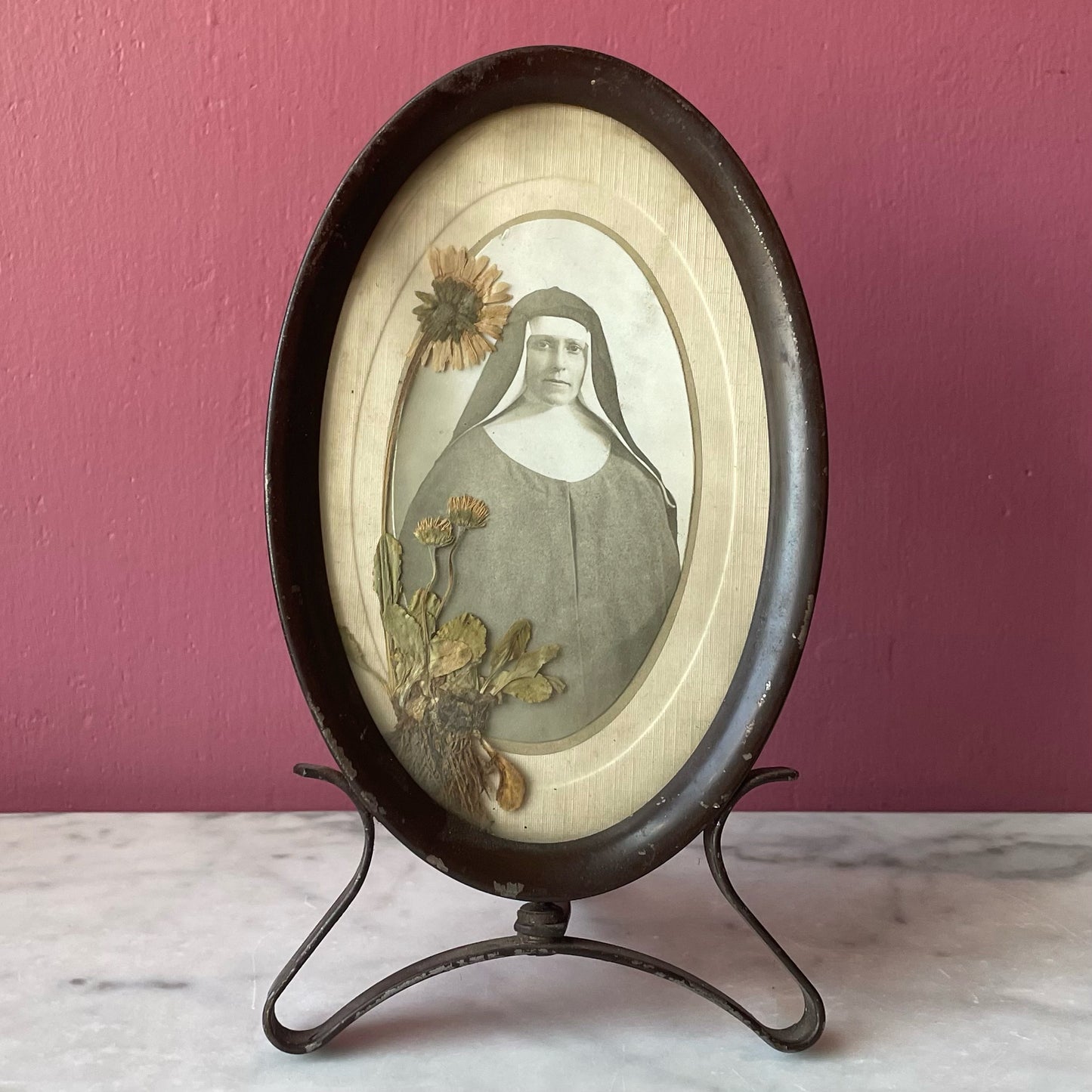 Antique Nun Photo in Oval Frame with Pressed Flowers