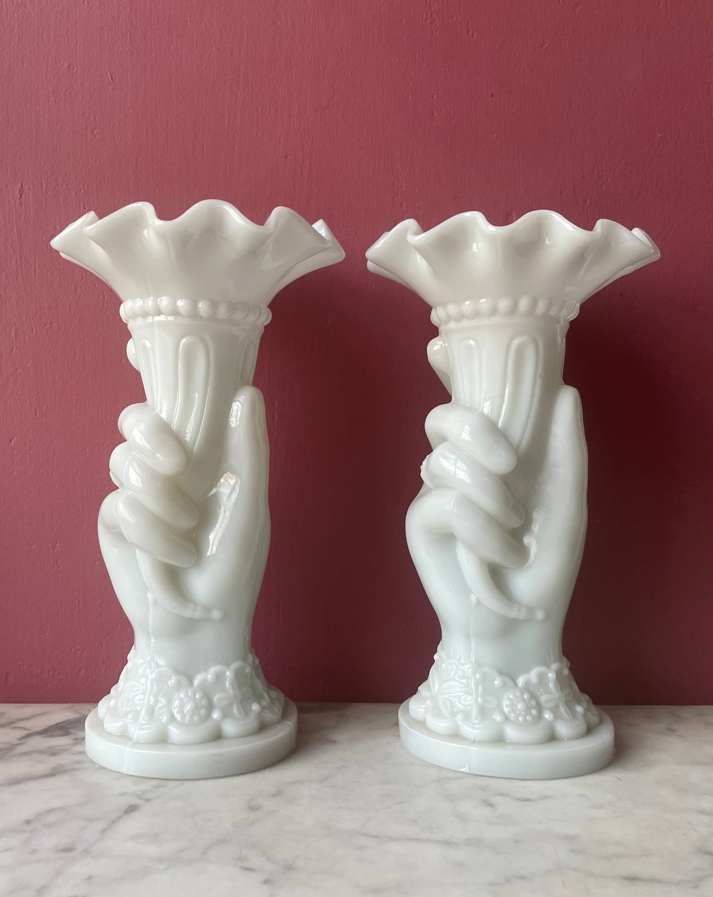 Antique Milk Glass Hand Vases