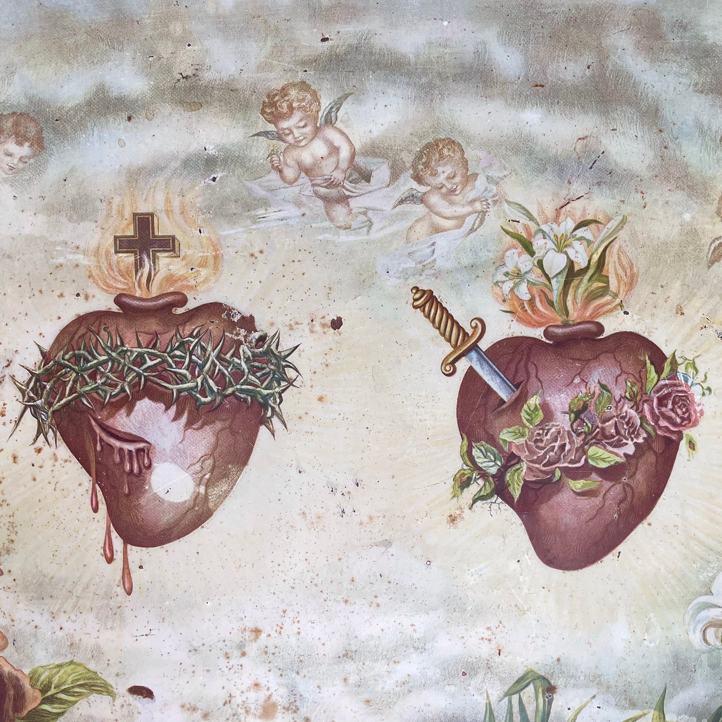 Sacred Heart of Jesus & Mary Lithograph on Tin