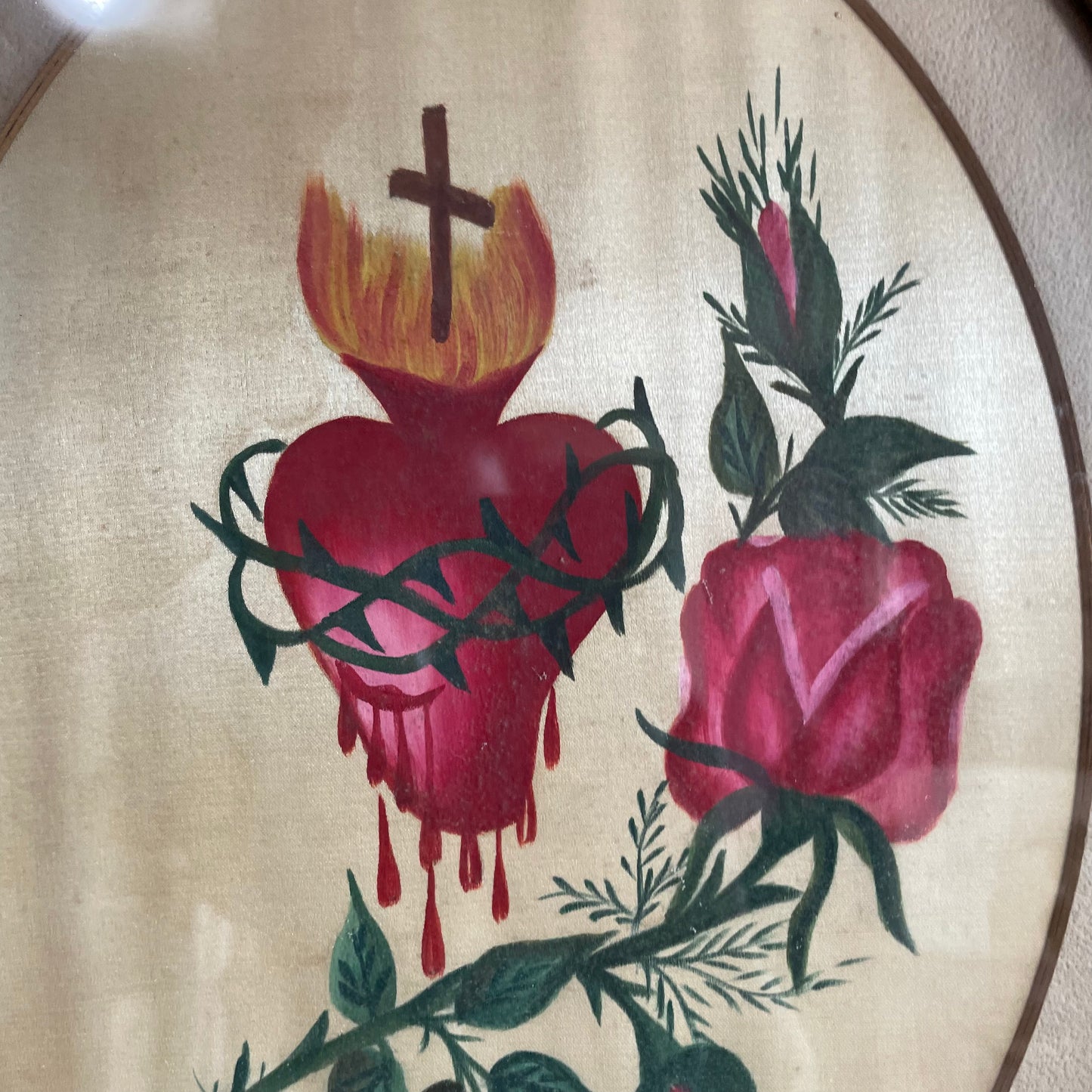 Antique Sacred Heart Painting on Silk
