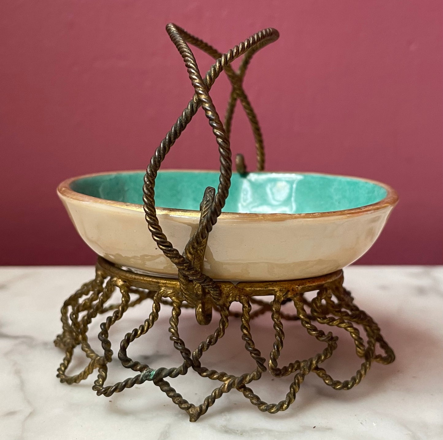 Victorian Porcelain Dish on Wire Basket
