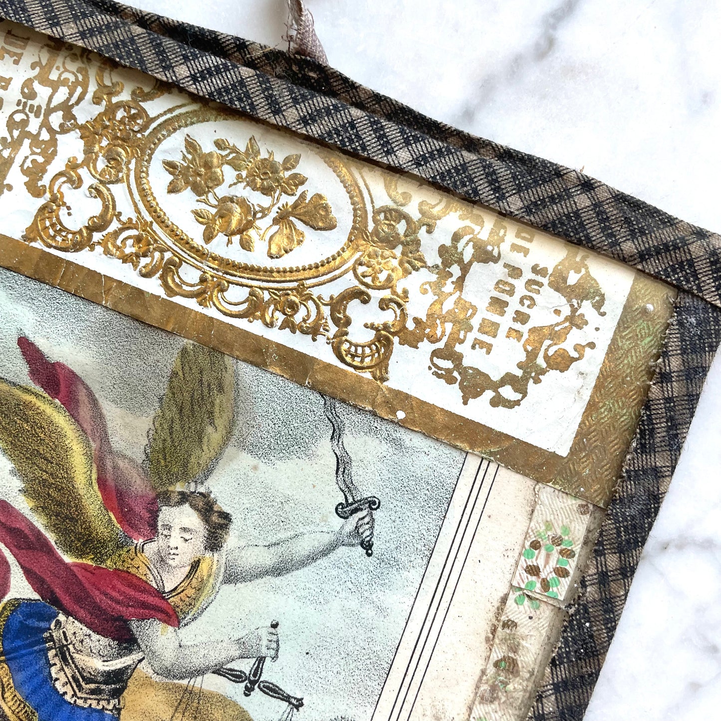 Antique Hand Colored St. Michael Print in Original Frame