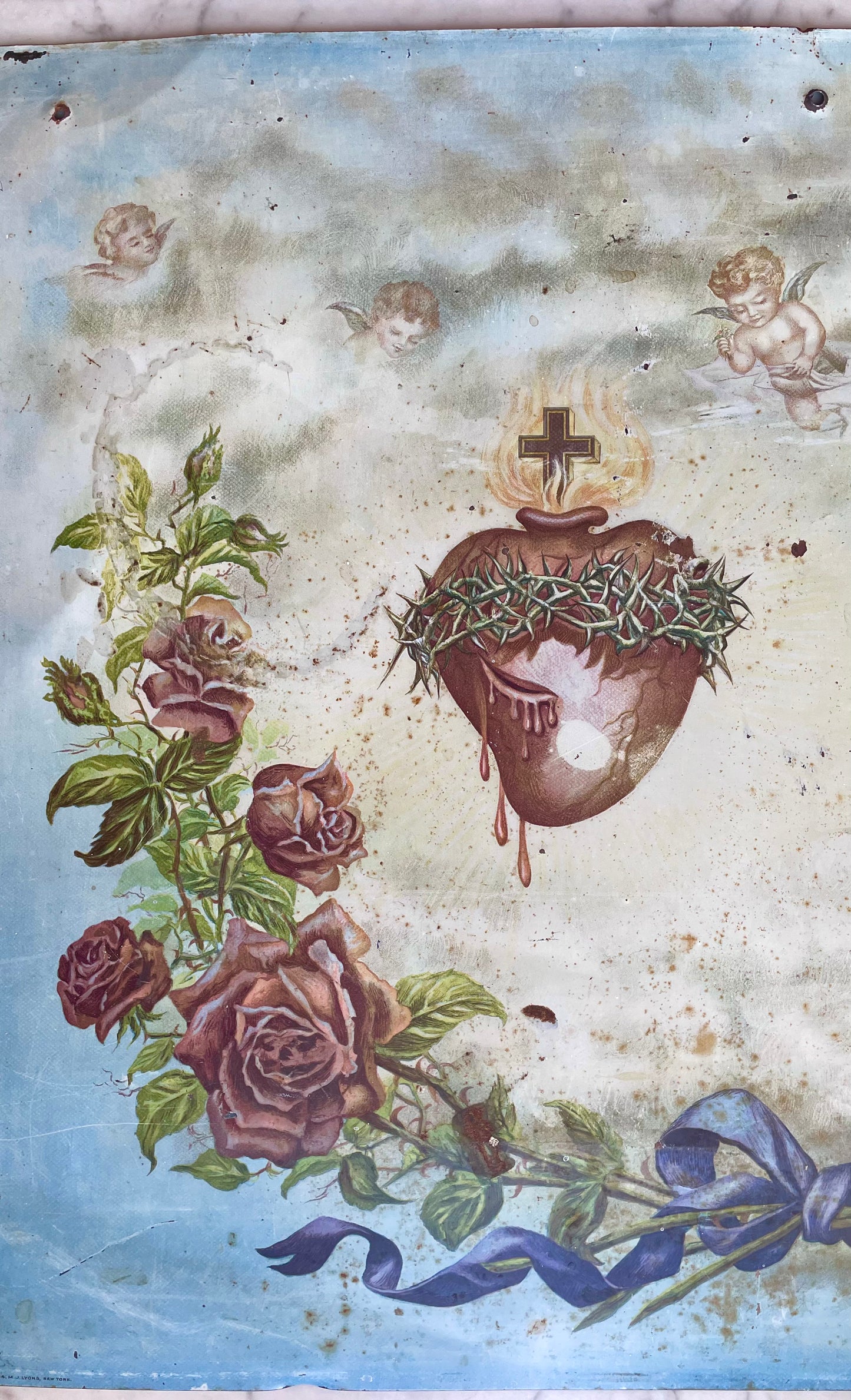 Sacred Heart of Jesus & Mary Lithograph on Tin