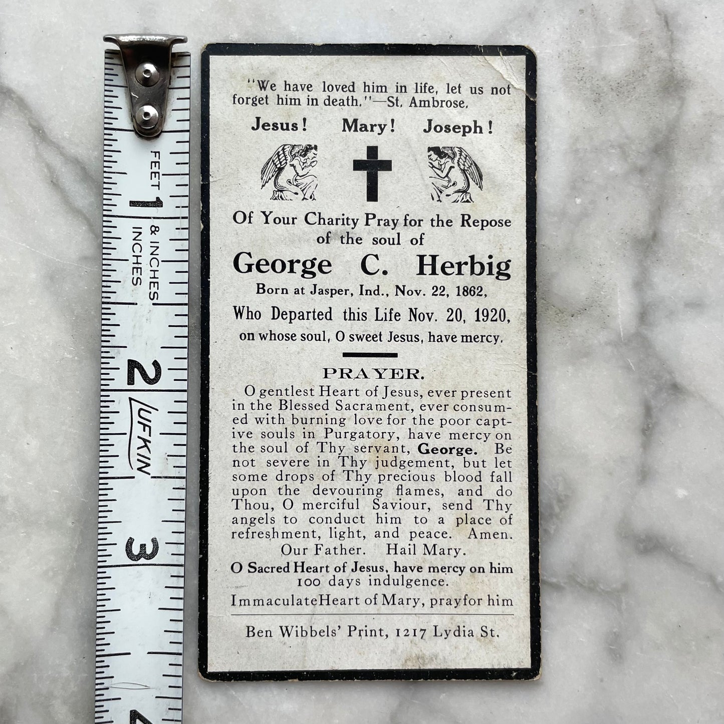 Antique Mourning Card with Angel, 1920