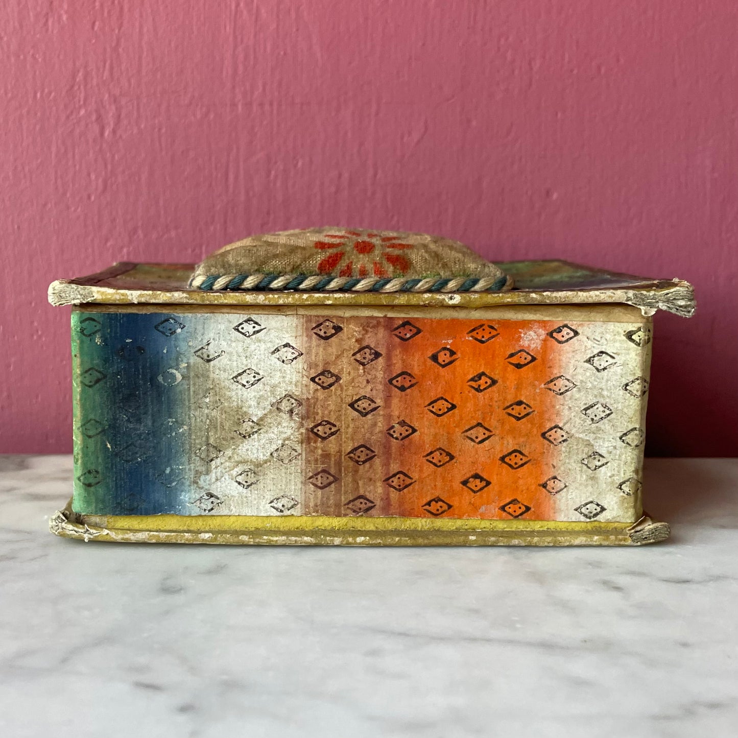 Early 19th Century Polychrome Box with Theorem Pincushion
