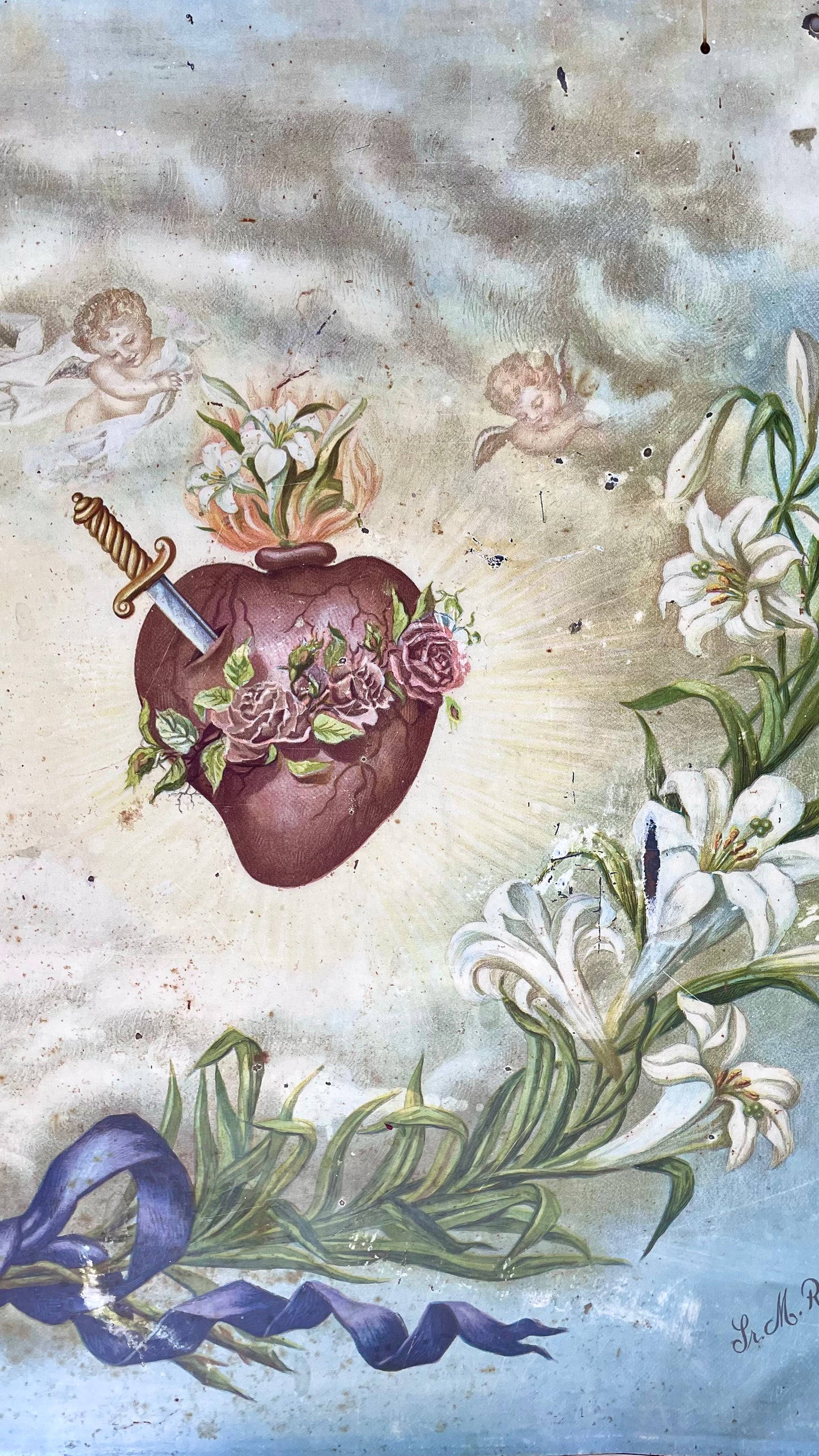 Sacred Heart of Jesus & Mary Lithograph on Tin