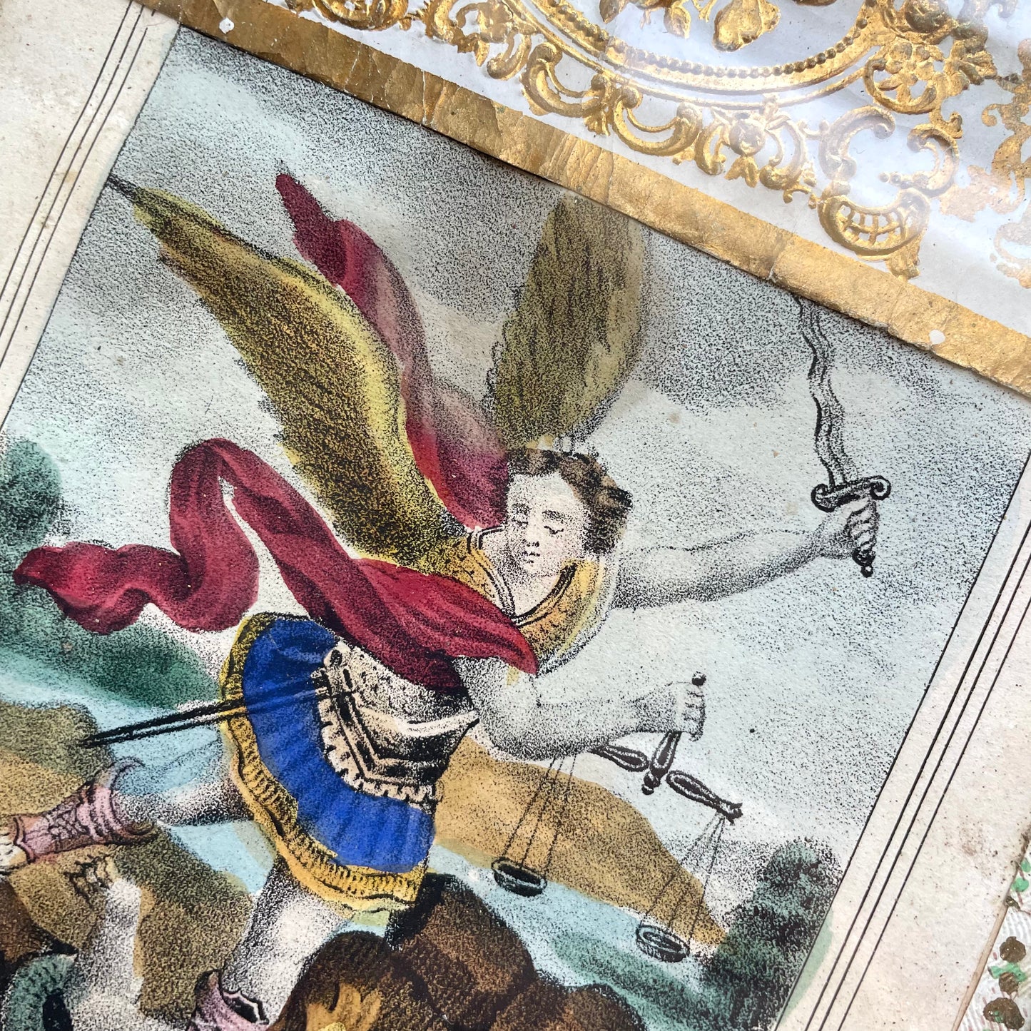 Antique Hand Colored St. Michael Print in Original Frame