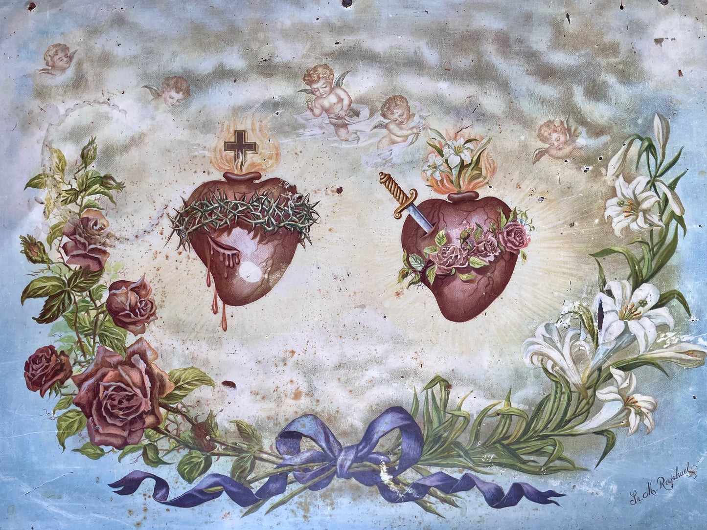 Sacred Heart of Jesus & Mary Lithograph on Tin