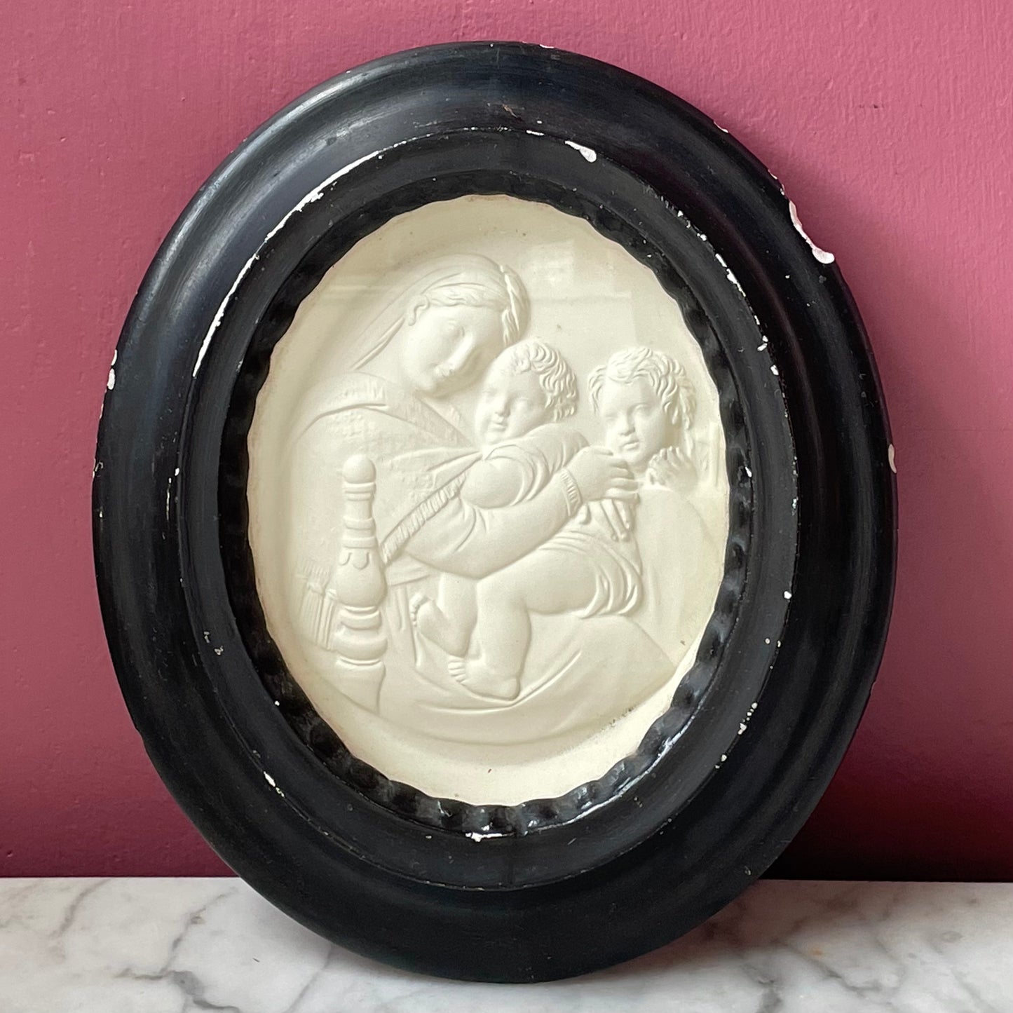 Antique Plaster Madonna Under Glass