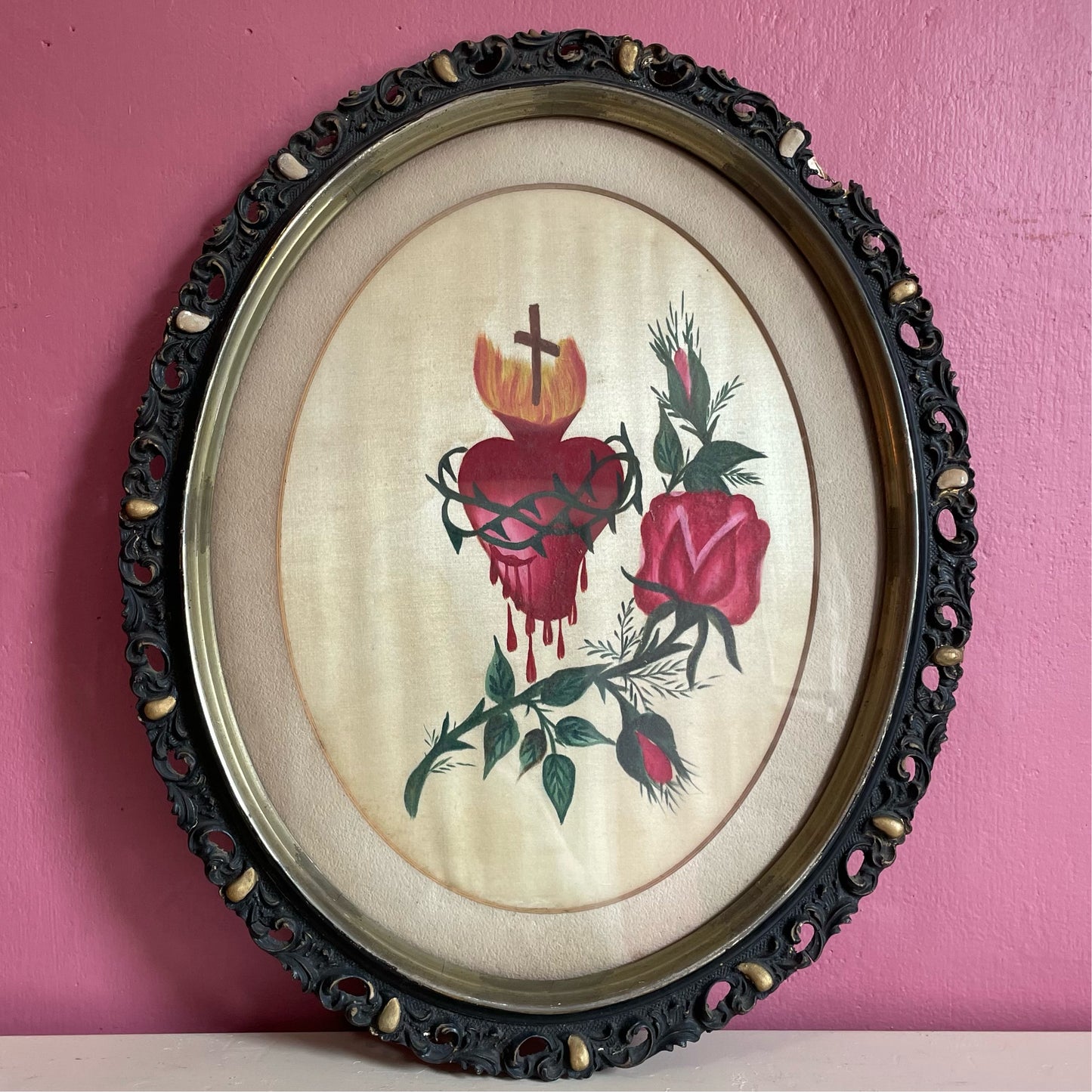 Antique Sacred Heart Painting on Silk
