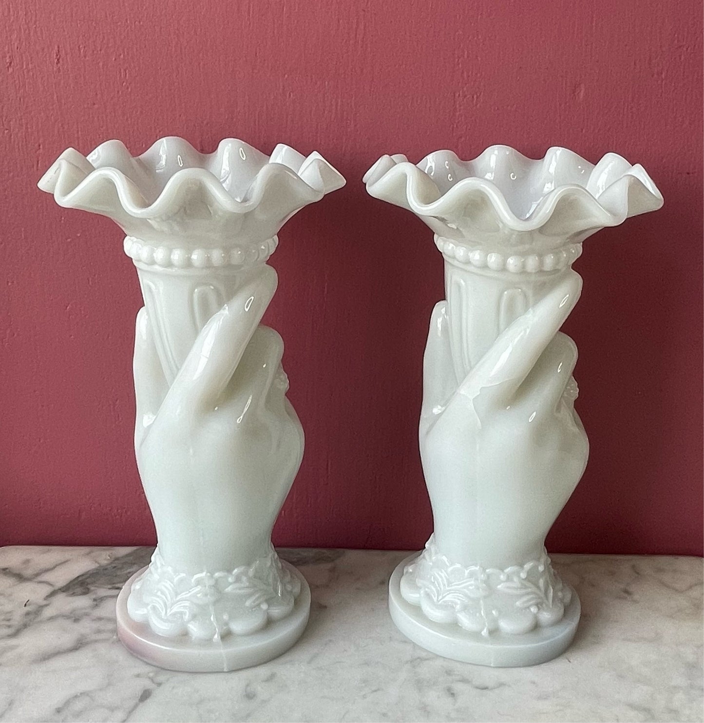 Antique Milk Glass Hand Vases